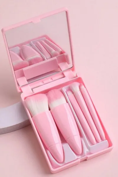 Mini Espelho De Maquiagem Portátil Com 5 Pcs Pincéis De Maquiagem Lupa Mão Segurar Bolso Dobrável